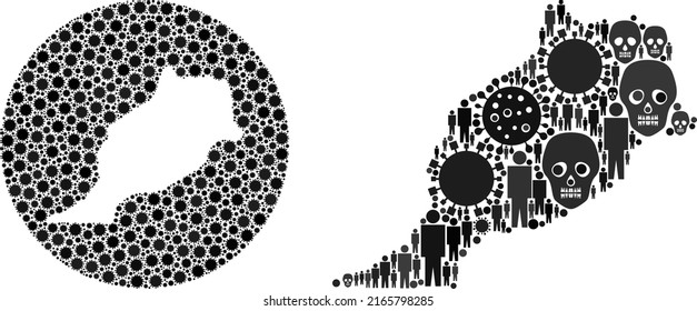 Collage Morocco map designed from covid infection icons and people and mortal icons. Flu virus Morocco map collage designed with sphere and subtracted space.