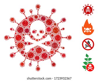 Collage mortal coronavirus organized from covid-2019 virus icons in different sizes and color hues. Vector infection icons are arranged into abstract composition mortal coronavirus icon.