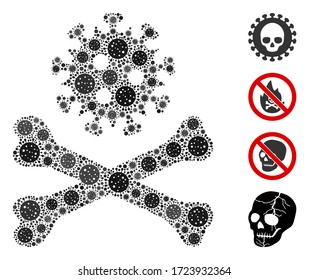 Collage Mortales Virus, hergestellt aus Coronavirus-Symbolen in unterschiedlichen Größen und Farbtönen. Vektorvirussymbole werden zu abstrakten Collage Mortal Virus Icons kombiniert. Einige Bonussymbole werden hinzugefügt.