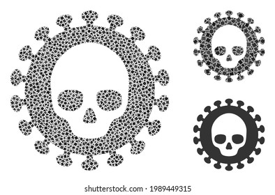 Collage Mortal virus icon constructed from tremulant pieces in different sizes, positions and proportions. Vector irregular pieces are organized into abstract illustration mortal virus icon.