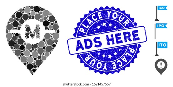 Collage motor marker icon and rubber stamp seal with Place Your Ads Here phrase. Mosaic vector is composed with motor marker pictogram and with random spheric items.