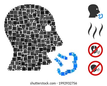Collage Mouth breath icon constructed from square items in random sizes and color hues. Vector square items are combined into abstract mosaic mouth breath icon. Bonus icons are placed.