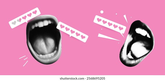 Collage of mouth with feedback and review bar, halftone texture, and pink retro background. Rating, like, and comment icons design for a music concert or social media post.