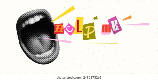 Collage of mouth and paper magazine letter. Pop art zine. Scream Help Me. Vintage poster design with sticker font. Retro clipping wors. Cutout elements. 