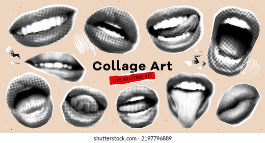 Collage mouth set with grunge elements. Halftone lips for banner, graphic, poster, illustration. Vector set of scream, kiss, smile, tongue, open mouth. Texture elements on transparent background.
