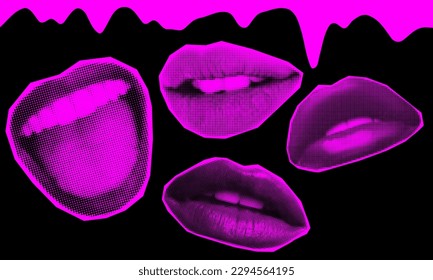 Collage de la boca con elementos gruesos. Los labios de semitono para banner, gráfico, afiche, ilustración. Vector conjunto de gritos, besos, sonrisa, lengua, boca abierta. Elementos de textura sobre fondo transparente.