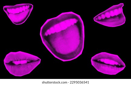 Collage de la boca con elementos gruesos. Los labios de semitono para banner, gráfico, afiche, ilustración. Vector conjunto de gritos, besos, sonrisa, lengua, boca abierta. Elementos de textura sobre fondo transparente.