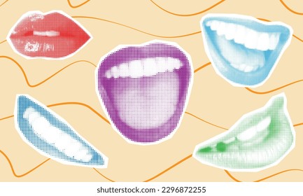 Collage de la boca con elementos gruesos. Los labios de semitono para banner, gráfico, afiche, ilustración. Vector conjunto de gritos, besos, sonrisa, lengua, boca abierta. Elementos de textura sobre fondo transparente.