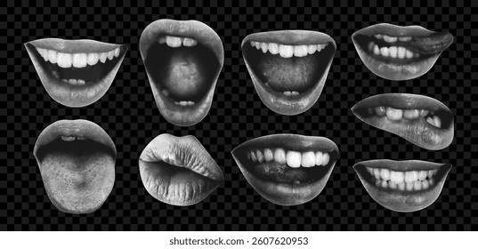 Collage mouth set with halftone effect. Lips, mouth with tongue, teeth and different emotion - scream, kiss, smile, lip biting. Cutout halftone collage elements for banner, poster. Vector illustration