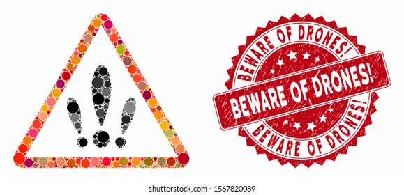Collage multiple problems and grunge stamp seal with Beware of Drones! caption. Mosaic vector is designed with multiple problems icon and with random round elements.