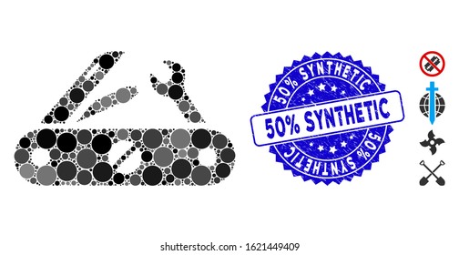 Collage multitool knife icon and distressed stamp watermark with 50% Synthetic phrase. Mosaic vector is composed with multitool knife icon and with scattered circle elements.