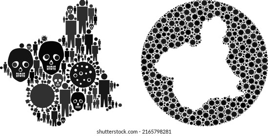 Collage Murcia Province map designed from covid infection icons and men and skull elements. Infection virus Murcia Province map collage designed with circle and carved shape.
