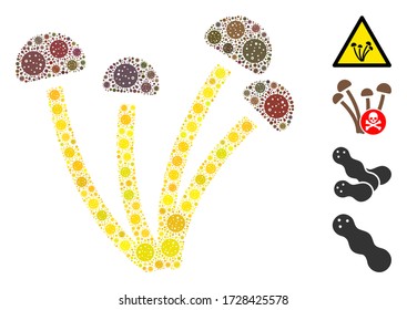Collage mushrooms designed from flu virus icons in different sizes and color hues. Vector pathogen icons are united into abstract collage mushrooms icon. Some bonus icons are added.