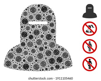 Collage muslim hijab entworfen aus SARS-Viruselementen in unterschiedlichen Größen und Farbtönen. Vektorvirale Elemente werden in abstrakte Collage muslim hijab Symbol zusammengesetzt. Es werden einige Bonussymbole hinzugefügt.