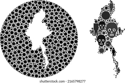 Mapa de Collage Myanmar construido a partir de iconos de virus y humanos e íconos de cabezas muertas. Virus pandémico mosaico de mapas de Myanmar creado con esfera y agujero. Se crean collages para la promoción del bloqueo.