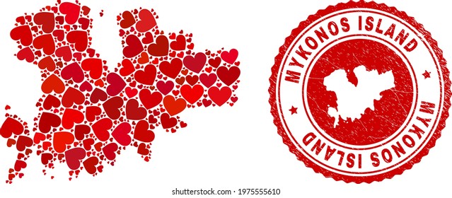 Collage Mykonos Island map designed with red love hearts, and scratched seal stamp. Vector lovely round red rubber seal imitation with Mykonos Island map inside.