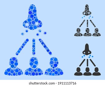 Collage Nasal virus spread icon constructed from spheric items in random sizes, positions and proportions. Vector blue spheric elements are united into abstract collage nasal virus spread icon.