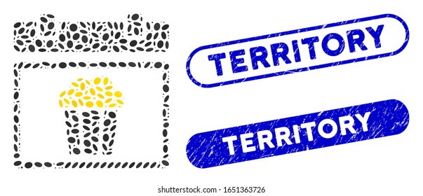 Collage national popcorn day and distressed stamp seals with Territory phrase. Mosaic vector national popcorn day is composed with random elliptic items. Territory stamp seals use blue color,