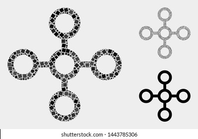 Collage Network node icon composed of circle and square items in random sizes, positions and proportions. Vector round and square spots are composed into abstract collage network node icons.