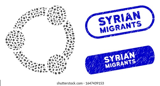 Collage network relations and grunge stamp seals with Syrian Migrants caption. Mosaic vector network relations is composed with randomized ellipse dots. Syrian Migrants stamp seals use blue color,