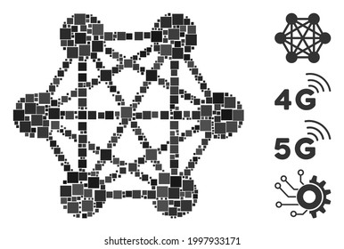 Collage Network relations icon constructed from square items in various sizes and color hues. Vector square items are arranged into abstract collage network relations icon. Bonus icons are added.