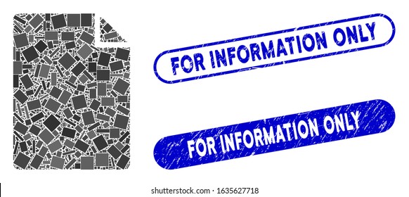 Collage new file and rubber stamp seals with For Information Only caption. Mosaic vector new file is composed with random rectangle items. For Information Only stamp seals use blue color,