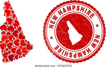Collage New Hampshire State map composed with red love hearts, and scratched seal. Vector lovely round red rubber seal imitation with New Hampshire State map inside.