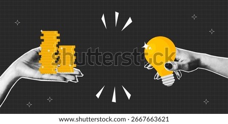 Collage new idea or startup banner. Halftone hand holds golden coins and giving, receiving light bulb from other hand. Collage design with halftone elements. Vector illustration.
