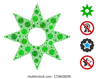 Collage nueva estrella construida a partir de íconos del virus de la gripe en diferentes tamaños y colores. Los iconos de patógenos vectoriales se combinan en el colage abstracto del nuevo icono de estrella. Se añaden algunos iconos adicionales.