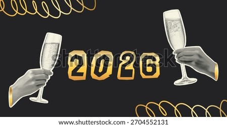 Collage New Year 2026 design with vintage halftone hands holding golden champagne glasses. Perfect for holiday cards, party invitations, posters, social media and celebratory branding.