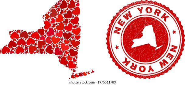 Collage New York State map created with red love hearts, and dirty seal. Vector lovely round red rubber seal stamp imitation with New York State map inside.