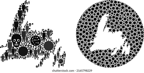Collage Newfoundland Island map composed of flu virus items and population and skeleton items. Pandemic virus Newfoundland Island map mosaic designed with circle and subtracted space.