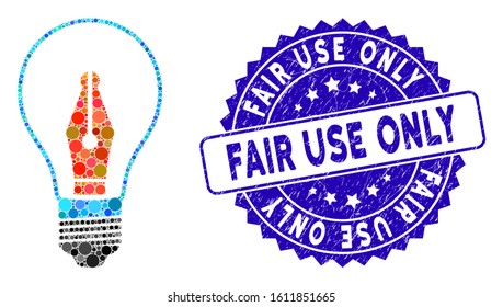 Collage news maker bulb icon and rubber stamp seal with Fair Use Only phrase. Mosaic vector is formed with news maker bulb icon and with randomized spheric spots.