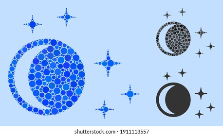 Collage Night icon united from round elements in different sizes, positions and proportions. Vector blue round spots are combined into abstract collage night icon. Light blue background.