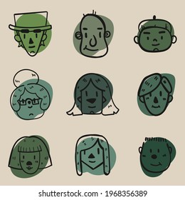 Collage of nine cartoon faces. A set of hand-drawn comic faces, grimaces, little men. Minimalistic charcoal outlines. Illustrations for children, magazines, kindergartens, education, entertainment.