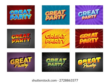A collage of nine colorful designs featuring the text Great Party in various styles and backgrounds, showcasing vibrant colors and playful typography.