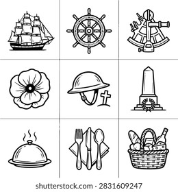 A collage of nine distinct icons representing historical events, military remembrance, and leisure activities.