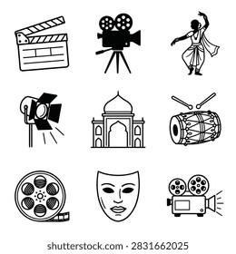 A collage of nine distinct icons representing Indian culture, arts, and entertainment, including film and dance.