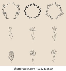 Collage of nine minimal flowers. Set of hand drawn plants, leaves, dots, blooms, lines. Minimalist sketches. Isolated on beige. Illustrations for social networks, cover design, wedding, greeting card.