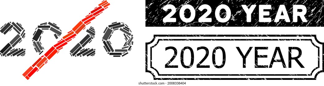 Collage no 2020 Jahr bestehend aus Rechteck-Elemente, und schwarze Grunge 2020 Jahr Rechteck Stempel mit Kerben. Vektorrechteck-Elemente sind in abstrakte Illustration auf einem 2020-jährigen Symbol angeordnet.