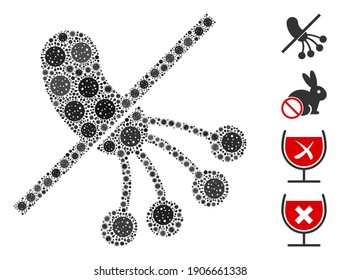 Collage no bacteria composed of coronavirus items in variable sizes and color hues. Vector pathogen icons are composed into abstract collage no bacteria icon. Some bonus icons are added.