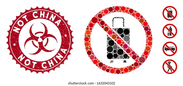 Collage no baggage icon and corroded stamp seal with Not China text and biohazard symbol. Mosaic vector is created from no baggage icon and with scattered circle elements.