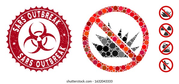 Collage no bang icon and rubber stamp seal with Sars Outbreak text and biohazard symbol. Mosaic vector is formed with no bang icon and with random circle items.