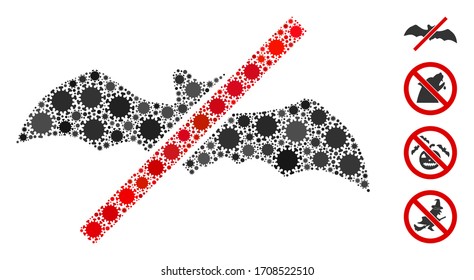 Collage no bats composed of flu virus icons in variable sizes and color hues. Vector viral icons are combined into abstract mosaic no bats icon. Some bonus icons are added.