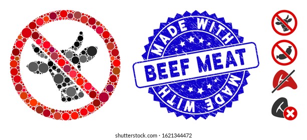 Collage no beef icon and corroded stamp seal with Made with Beef Meat caption. Mosaic vector is formed with no beef icon and with randomized spheric items.