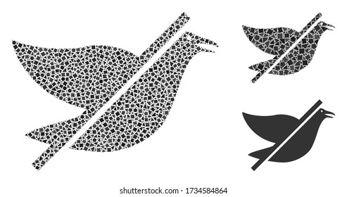 Collage No bird icon united from bumpy pieces in random sizes, positions and proportions. Vector bumpy items are combined into abstract mosaic no bird icon. Abstract mosaic based on No bird pictogram.