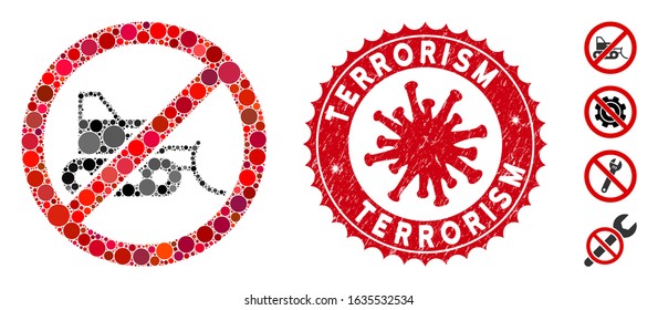 Collage no bulldozer icon and red round distressed stamp watermark with Terrorism text and coronavirus symbol. Mosaic vector is formed with no bulldozer icon and with random round spots.