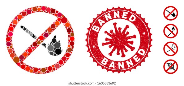 Collage no burning match icon and red rounded rubber stamp seal with Banned text and coronavirus symbol. Mosaic vector is created with no burning match icon and with random circle items.