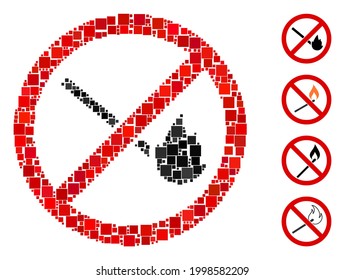 Collage No burning match icon organized from square elements in random sizes and color hues. Vector square items are organized into abstract collage no burning match icon. Bonus pictograms are placed.