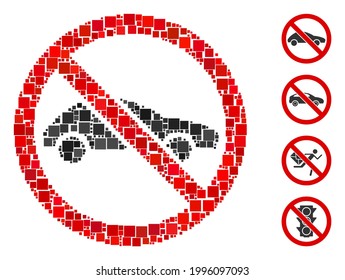 Collage Ningún icono de coche construido a partir de elementos cuadrados en diferentes tamaños y tonos de color. Los elementos cuadrados vectoriales se organizan en collage abstracto sin icono de coche. Se añaden pictogramas bonificados.